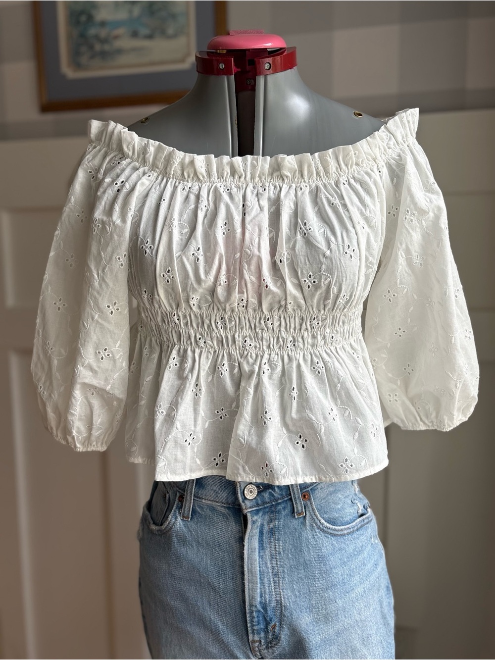 Zara White Eyelet Off-Shoulder Smocked Waist Blouse Summer Large
